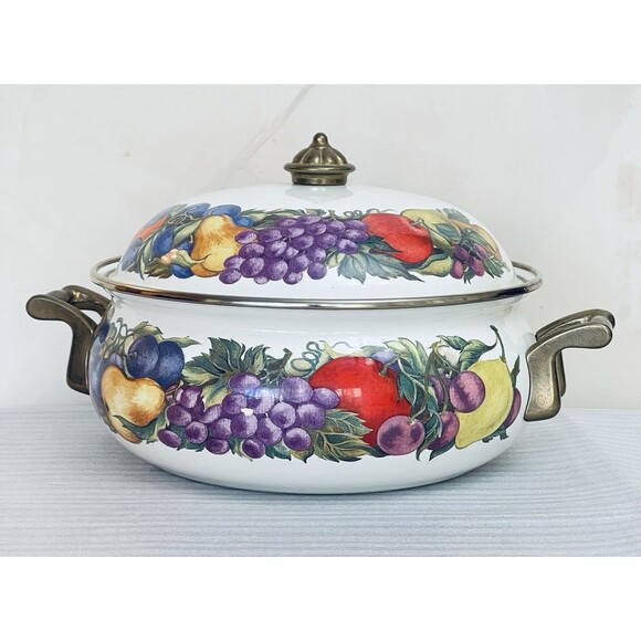 Cornucopia Enamel Dutch Oven Stock Pot 2.5 Qt Brass Handles Fruit Design - Picture 1 of 12